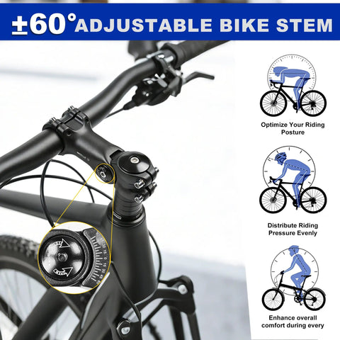 Close-up of adjustable bike stem with 31.8mm clamp, 60 degree riser, and 100mm length, showing dial for easy handlebar angle adjustment.