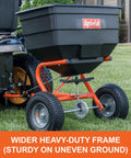 Tow Behind Lawn And Garden Broadcast Spreader With 185 Lb Capacity, Tackles Seed Fertilizer Salt Ice Melt, 12 Ft Spread attached to mower