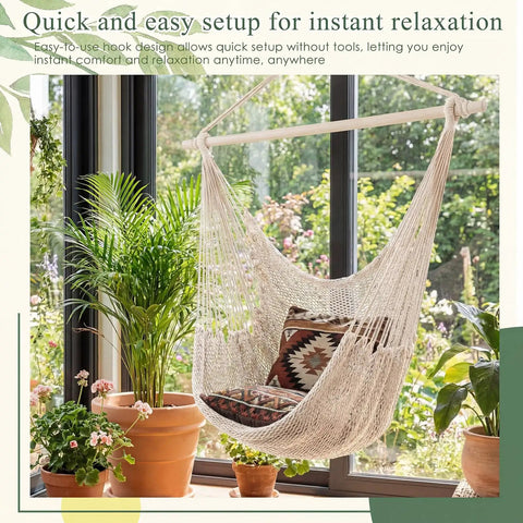 Two Piece Hanging Hammock Chairs Set With 40 Inch Detachable Metal Bars, Boho Swing Chairs for indoor relaxing by window