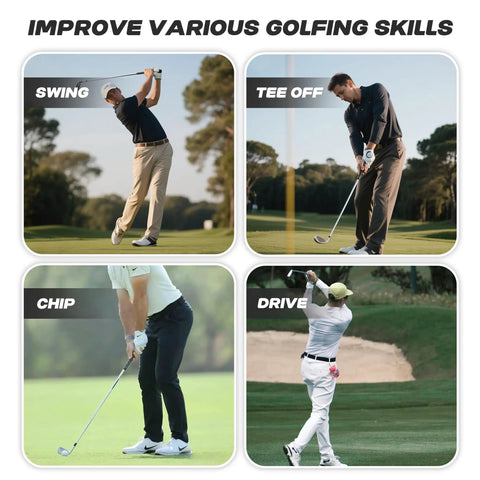 Four golfers demonstrating swing, tee off, chip, and drive skills to improve with 10x10 Golf Hitting Net With Side Barriers And Ball Return System For Indoor Practice.