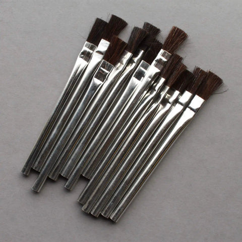 Acid Resistant Glue Brush Set 6 Inch Metal Handle 12 Piece Heavy Duty Hard Bristle Brushes lined up on gray background
