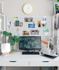 Two Pack Pegboard Baskets For 1/8 And 1/4 Inch Pegboards, Heavy Duty Metal Bins And Wall Mount Hooks installed above desk.