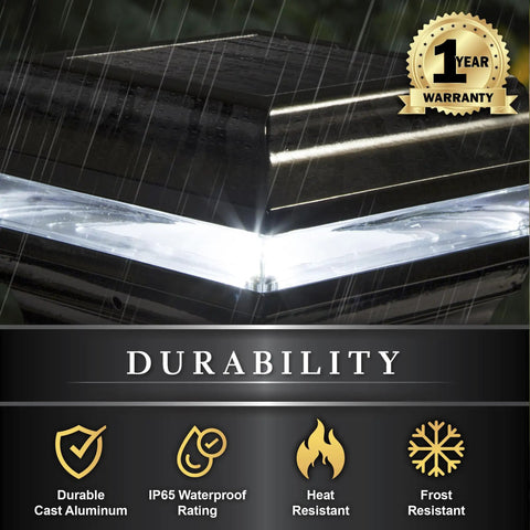 Black Solar Post Cap For 4x4 And 3.5x3.5 Posts With Auto On At Dusk showing durability features and 1-year warranty badge