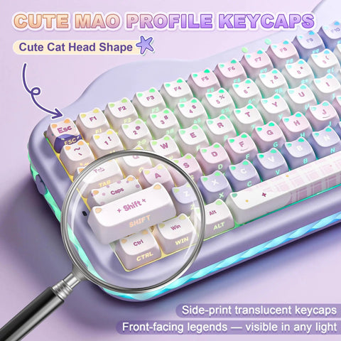 Top Tier Wireless Mechanical Keyboard With Dope Dessert Vibe And Compact 75 Percent Layout Featuring Hot Swap Switches Premium Pbt Keycaps And Butter Smooth Milk Springs For Chill Typing Sessions Or Epic Gaming Runs showing cute cat head keycaps and translucent legends for vibrant light visibility.