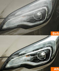 Before and after using 5 Inch Glass Polishing Pad Kit With Wool Felt Discs on car headlight, showing restoration effect