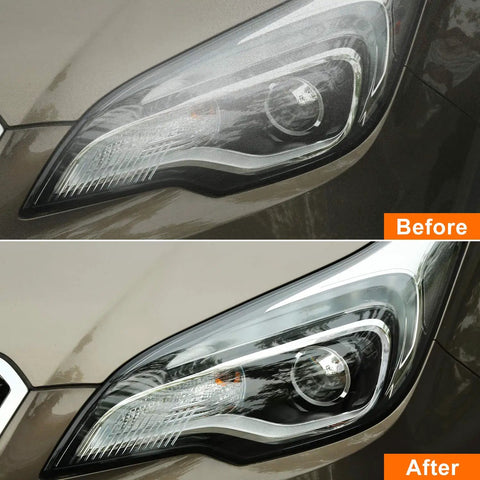 Before and after using 5 Inch Glass Polishing Pad Kit With Wool Felt Discs on car headlight, showing restoration effect