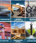 Collage showing various construction and equipment images: ship, highway, mechanical equipment, steel structure, building, and electric power.