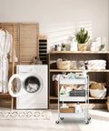 Three Tier Rolling Metal Storage Organizer On Wheels White Mobile Utility Cart With Caster Wheels in laundry room
