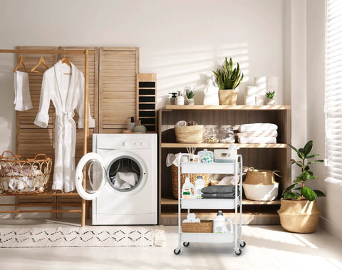 Three Tier Rolling Metal Storage Organizer On Wheels White Mobile Utility Cart With Caster Wheels in laundry room