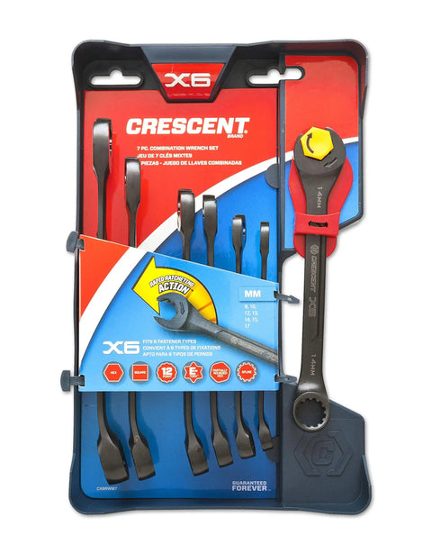 X6 Black Oxide Spline Open End Ratcheting Metric Wrench Set 7 Pieces packaging with wrench sizes visible