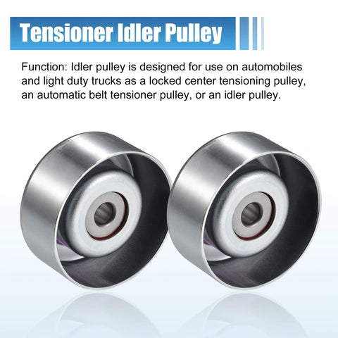 Two silver metal tensioner/idler pulleys for drive belt, front view (2pcs)
