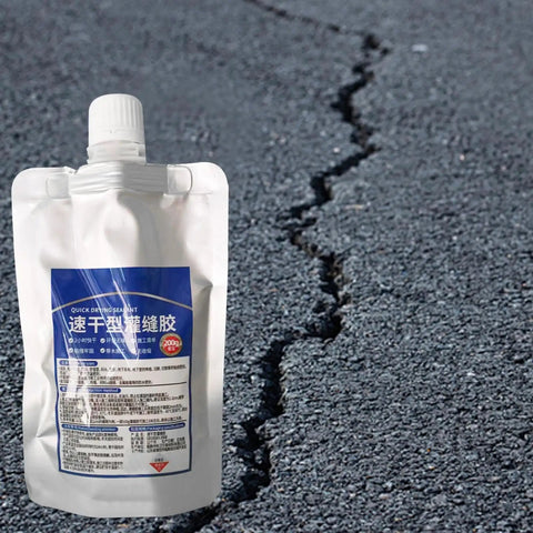 Heavy Duty Waterproof Roof Sealant Liquid Coating For Exterior Leaks Concrete Cracks Long Lasting No Fuss All Purpose Sealant For Rv Boat And Home in a flexible pouch on cracked asphalt surface.