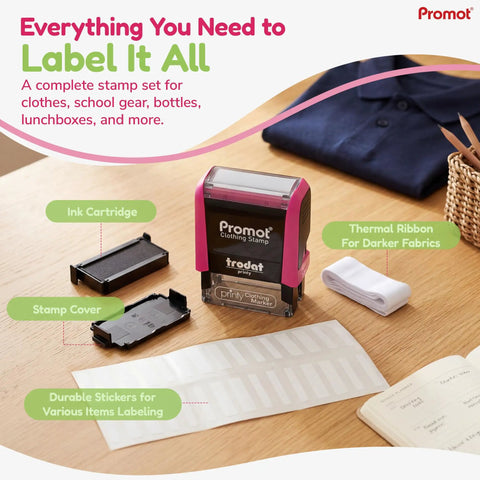 Personalized Kids Clothing Stamp Set Self Inking Name Stamp With 2 Lines Of Text Fabric Stamper shown with accessories.