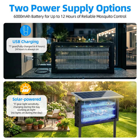 Solar Bug Zapper Outdoor Waterproof With 4500V Grid, 3 LED Tubes, Large Cordless Electric Mosquito Trap in yard setting