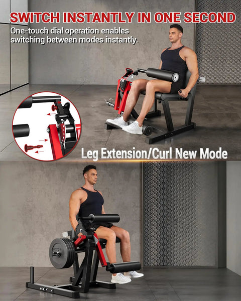Man using Leg Extension And Curl Machine With 700 Lbs Capacity Four In One Home Gym Leg Workout Adjustable Leg Extension And Curl Resistance Band Pegs for leg press.
