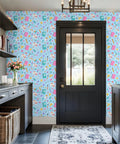 Top Tier Botanical Floral Peel And Stick Wallpaper Removable Self Adhesive Wallcovering Giant Roll in a bright blue entryway.