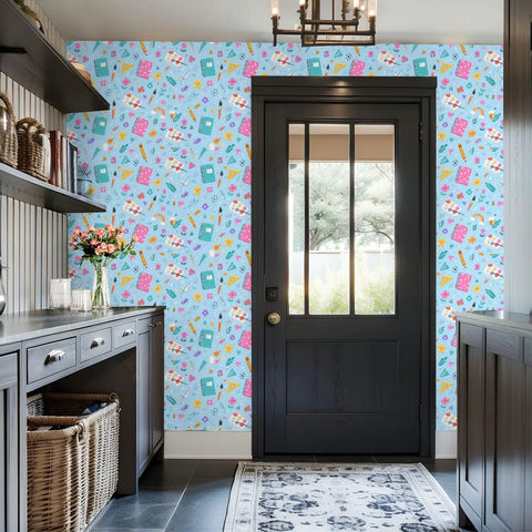 Top Tier Botanical Floral Peel And Stick Wallpaper Removable Self Adhesive Wallcovering Giant Roll in a bright blue entryway.