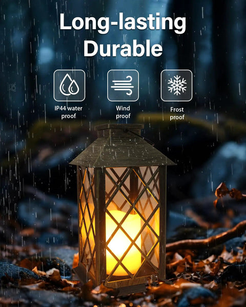 Outdoor Solar Lanterns 2 Pack 14 Inch Waterproof LED Hanging Lights With Flickering Flameless Candle in rain-proof setting
