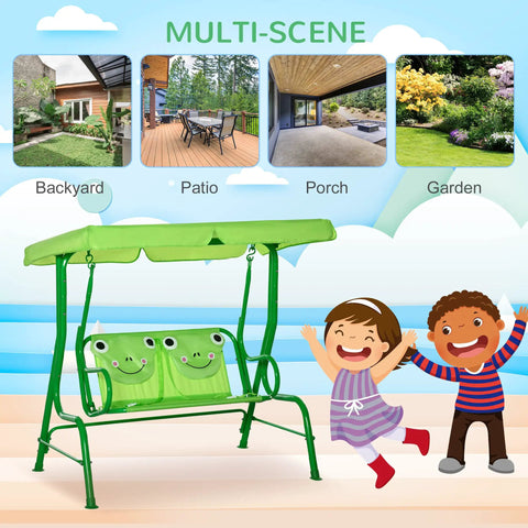 Two Seat Kids Patio Swing With Adjustable Canopy And Safety Belt Frog Pattern Hanging Swing Bench For Garden Or Backyard