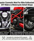 Badass Universal Motorcycle Bolt Covers, Rugged Hexagon Metal Engine Nut Caps, Waterproof Rustproof Screw Protectors For Bike Atv Scooter Black 30 Pack showcasing purple, red, and black custom accents on engines.