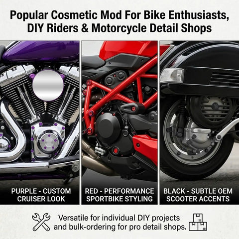 Badass Universal Motorcycle Bolt Covers, Rugged Hexagon Metal Engine Nut Caps, Waterproof Rustproof Screw Protectors For Bike Atv Scooter Black 30 Pack showcasing purple, red, and black custom accents on engines.