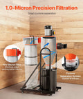 VEVOR 1.5HP Cyclone Dust Collector, 763 CFM High Suction Power With 12.5 Gallon Bag And Base Stand, showing fine micron filter and cyclone design.