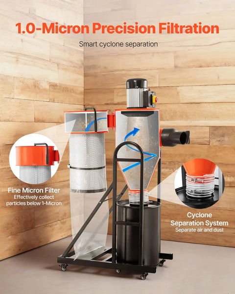 VEVOR 1.5HP Cyclone Dust Collector, 763 CFM High Suction Power With 12.5 Gallon Bag And Base Stand, showing fine micron filter and cyclone design.
