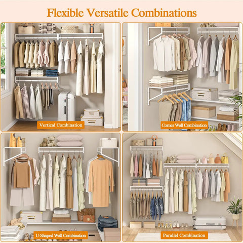 Flexible versatile combinations of Heavy Duty Workhorse Wall Mounted Closet Shelves With Hanging Rod in a stylish organized setup.