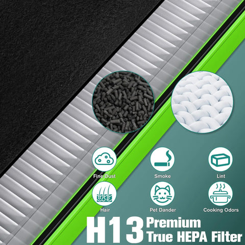 H13 Premium True HEPA filter with icons for dust, smoke, and pet dander; AER1 Replacement Filter Kit For Holmes And Bionaire Air Purifiers True HEPA Filter Core Plus Eight Pre Filters Fits HAPF300AH U4R And HAP242NUC Easy Install For Cleaner Indoor Air
