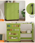 Slick Fold Up Sewing Table With Built In Charging Port And Smooth Rolling Lockable Wheels Nifty Storage Trays Pegs And Deep Bin Beats The Clutter For Quilting Embroidery And Crafting in green, shown folded and unfolded with storage.