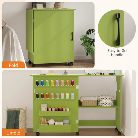 Slick Fold Up Sewing Table With Built In Charging Port And Smooth Rolling Lockable Wheels Nifty Storage Trays Pegs And Deep Bin Beats The Clutter For Quilting Embroidery And Crafting in green, shown folded and unfolded with storage.