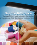 Close-up of a black folding task lamp illuminating colorful thread spools, showcasing low heat and low glare light for detailed work.