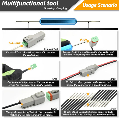 Multifunctional tool with removal tool and connector, part of 2 Pin DT Waterproof Connector Kit, 28 Sets With Crimping Tool And Removal Tool.