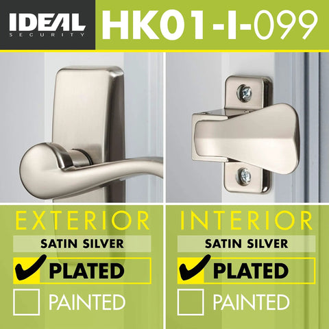 Exterior and interior views of storm door lever set with keyed deadbolt lock in satin nickel, 4 piece kit for screen and storm doors