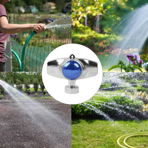 Two Pack 360 Degree Metal Sprinkler With Gentle Water Flow Circle Pattern Lawn Yard Garden Watering For Small Areas Coverage Up To 30 Feet Diameter Durable Alloy Metal Construction Blue, showing side view and spray pattern across yard