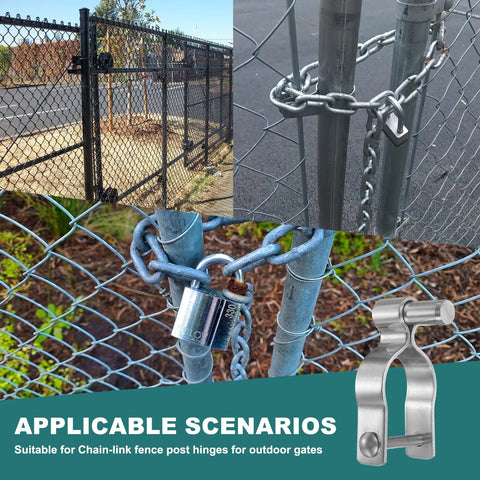 Chain Link Fence Gate Hinge Set 2 Pack 304 Stainless Steel on outdoor fence, close-up of padlock and hinges