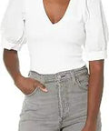 Amaya Knit Top Blouse For Women White Large Size shown with puff sleeves and casual fit, paired with jeans.