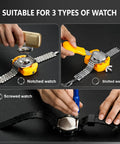 Pro Grade All In One Watch Repair Kit With Press Tool For Battery Swap And Strap Sizing, various watch types being repaired.
