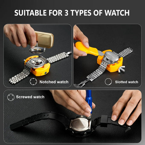 Pro Grade All In One Watch Repair Kit With Press Tool For Battery Swap And Strap Sizing, various watch types being repaired.