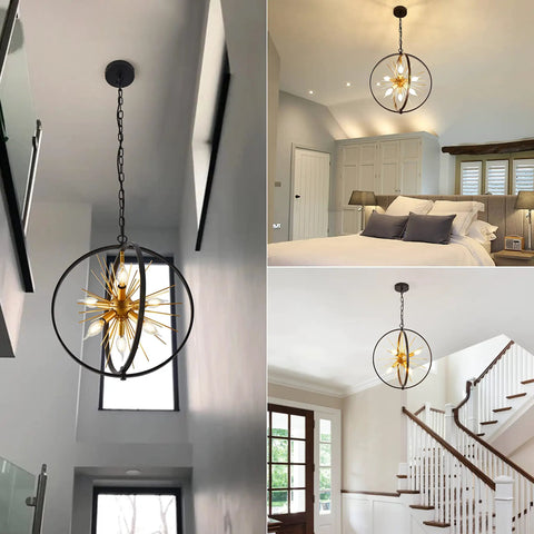 Modern Sputnik Style 6 Light Starburst Chandelier, 18-Inch Globe Fixture In Black And Gold in various room settings