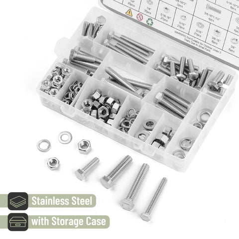 Heavy Duty Hex Head Nuts And Bolts Assortment Kit With 246 Pieces Stainless Steel Machine Screws in a storage case.