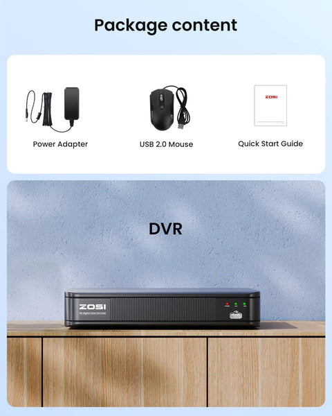 Package contents of Boss Grade 8 Channel CCTV DVR With H265 Plus And AI Motion Detection, showing power adapter, mouse, and guide.