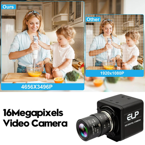 16MP HD USB Camera With 2.8 to 12mm 4X Optical Zoom CS Mount Lens next to comparison of image quality at 16MP and 1080P