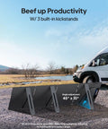 Power Up Anywhere With This Solar Generator Kit, 200W panel with kickstands near a van by a serene lake