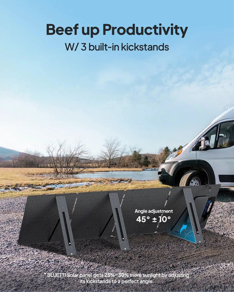Power Up Anywhere With This Solar Generator Kit, 200W panel with kickstands near a van by a serene lake