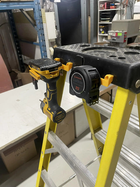 Rugged Tape Measure Holder For Garage Organization on ladder, holding power tools, pack of 4, yellow, easy install, versatile use