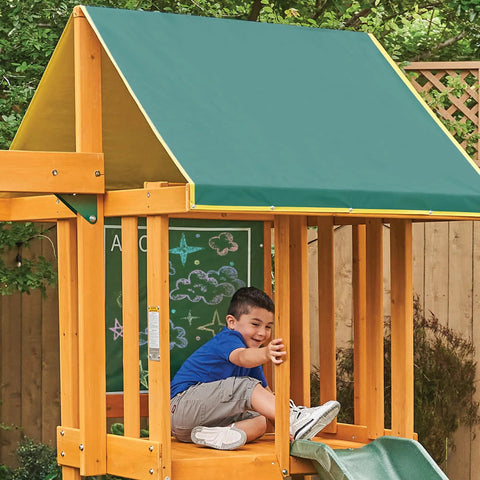 Child playing on shaded upper deck of Weatherproof Wooden Swing Set For Backyard With UV And Mold Protection, Durable Pre Treated Lumber