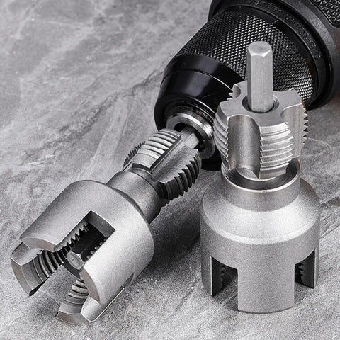 All In One Pipe Threading Tool Kit For One Half And Three Quarter Inch PVC Water Pipes Internal And External Threading Opens Threads Fast Pro Grade Universal Compatibility With PPR MPP Piping Fits Electric Drill 2025 Model, close-up view of threading tools on gray surface