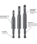 Front view of Bosch CC2430 1/4 in self-centering drill bit set, 3-piece with hex shank.