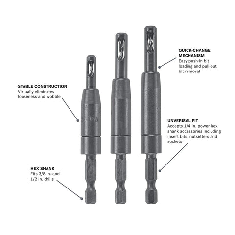 Front view of Bosch CC2430 1/4 in self-centering drill bit set, 3-piece with hex shank.
